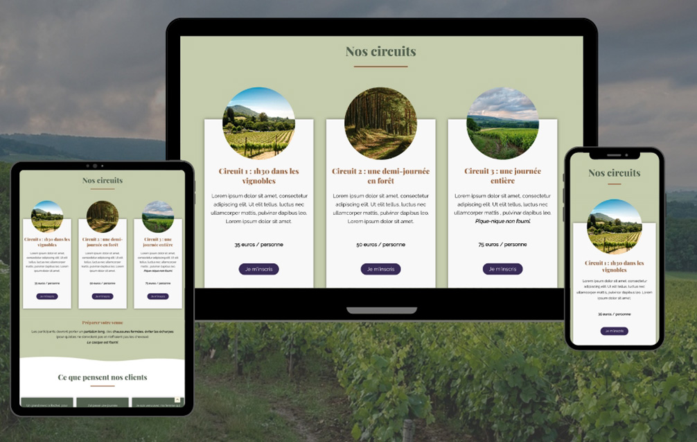 Site one page écrans responsive Les Sabots de Rachel, les circuits