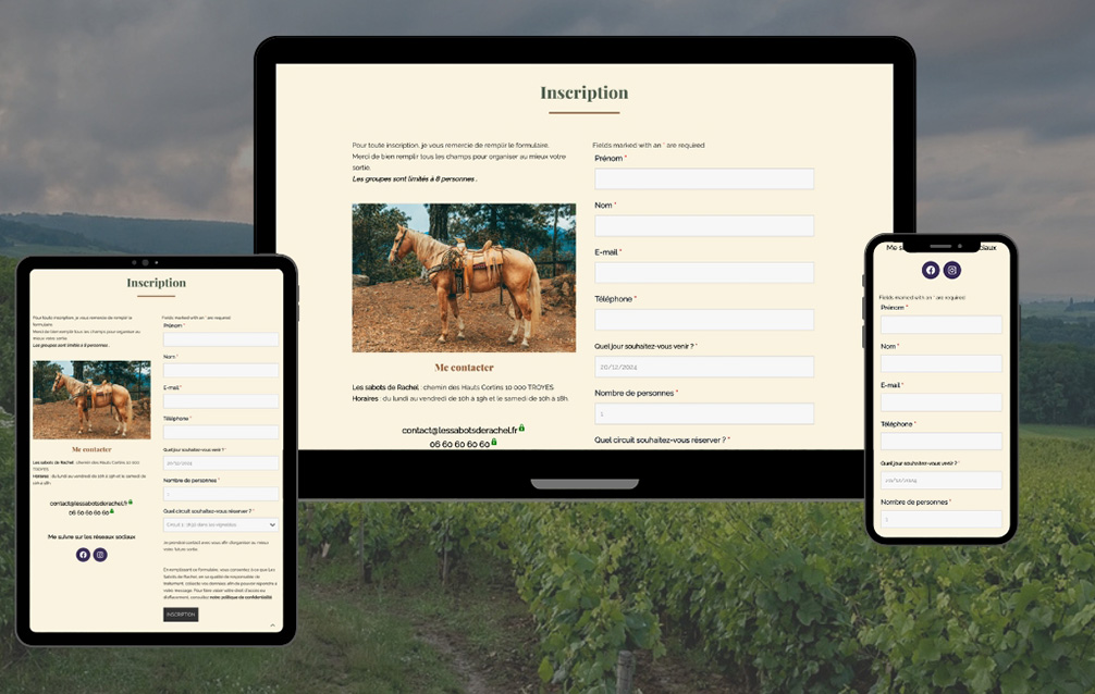 Site one page écrans responsive Les Sabots de Rachel, formulaire d'inscription